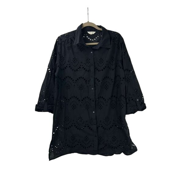 Adiva Women's Large Roll Sleeve Tab Black Eyelet Tunic Button Front Top Cover Up - Picture 7 of 16